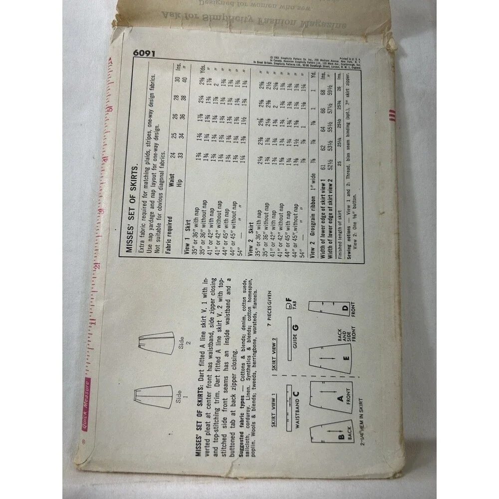 1965 Vintage Simplicity 6091 Misses A-Line Skirt Set Sewing Pattern Cut Retro